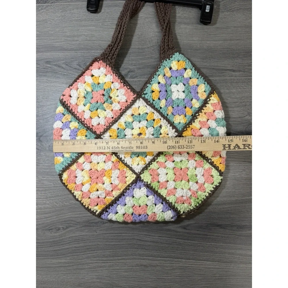 Handmade Crochet Granny Square Tote Bag Multicolor Boho Hippie Travel Comfort